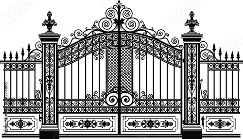 Ornate wrought iron gate illustration, decorative scrollwork design, floral motifs, symmetrical estate entrance, grand architectural doorway, detailed vector artwork, 