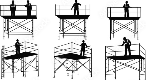 Scaffolding platform worker silhouettes, industrial elevated structures, construction safety teamwork scenes, building maintenance activity, engineering labor, black flat vector illustration
