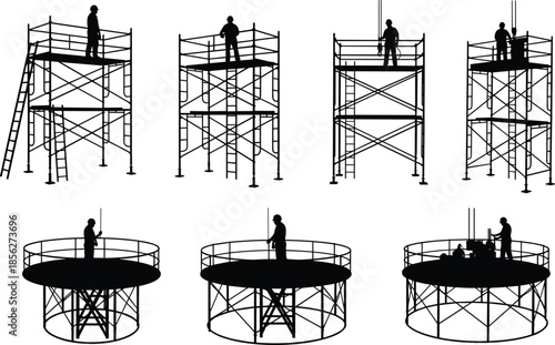 Scaffolding tower silhouettes with workers, elevated construction platforms and safety railings, industrial steel structures, maintenance and assembly work, black vector illustration