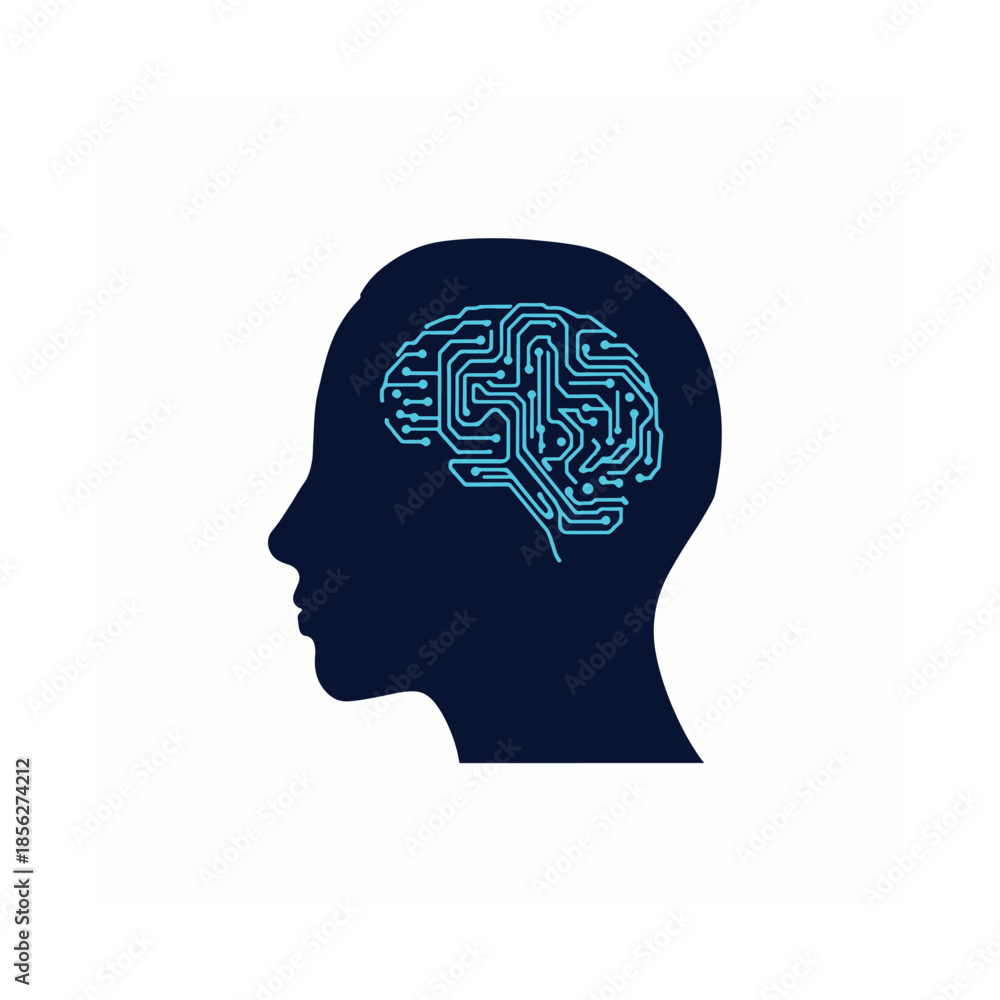 Obraz premium Human Head Silhouette with Digital Circuit Board Brain AI Concept