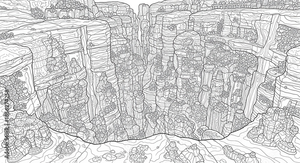 Obraz premium Intricate black and white line drawing depicts a deep canyon landscape with stratified rock formations
