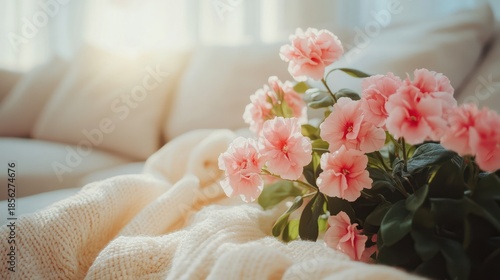 Pink carnations on a sofa, soft light, cozy