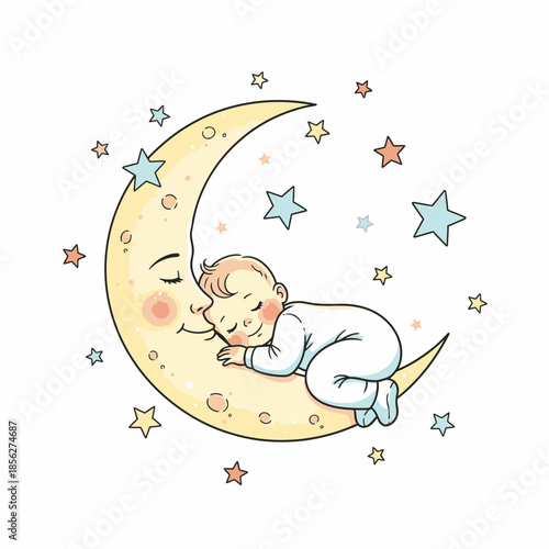 Baby Sleeping on Crescent Moon Illustration.