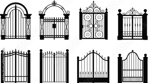 Vector illustration of ornate wrought iron gates, decorative scrollwork patterns, arched architectural entrances, landscaping design elements, black and white artwork, elegant pro