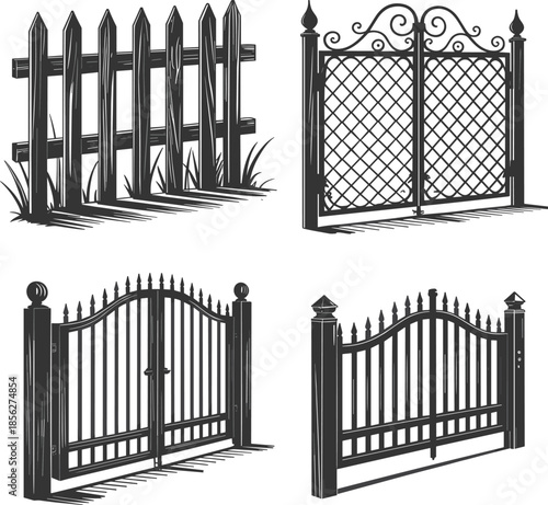 Vector illustration of decorative wrought iron gates, wooden picket fences, architectural security barriers, landscaping design elements, black and white silhouette artwork, property boundary concepts