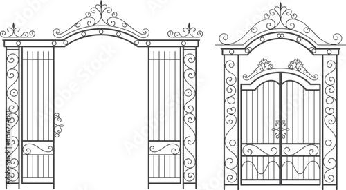 Vector illustration of ornate wrought iron gates, decorative scrollwork patterns, arched architectural entrances, landscaping design elements, black and white artwork, elegant property se
