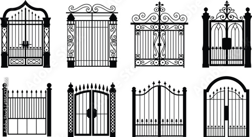 Vector illustration of ornate wrought iron gates, decorative scrollwork patterns, arched architectural entrances, landscaping design elements, black and white artwork, elegant property secur