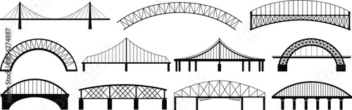 Vector illustration of twelve bridge silhouettes, cable-stayed bridges, arch bridges, truss bridges, beam bridges, architectural design elements, civil engineering structures, black and whit