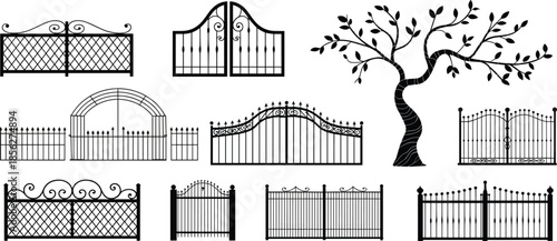 Vector illustration of ten wrought iron gates, decorative scrollwork patterns, stylized tree silhouette, architectural entrances, landscaping design elements, black and white artwork, eleg