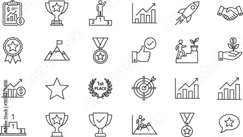 Outline Vector Icon Set Representing Business Success Achievement Career Growth Winning Awards Trophies and Professional Motivation Milestones Concepts