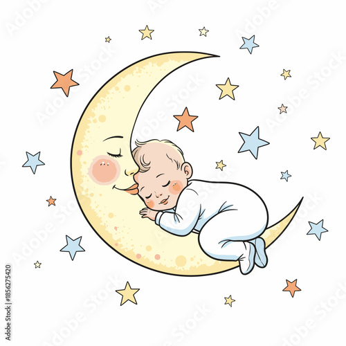 Baby Sleeping Peacefully on Crescent Moon.