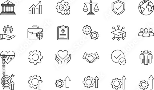 Outline Vector Icon Set Representing Corporate Leadership Business Growth Financial Strategy Legal Protection Human Resources and Professional Management Concepts