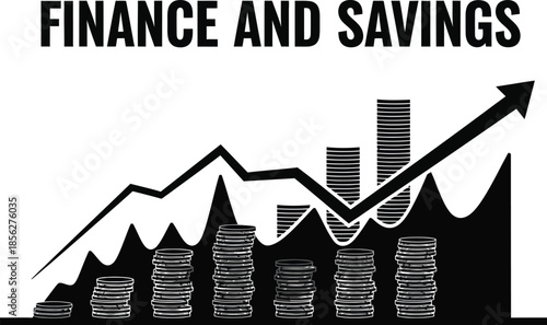 Black and white graphic illustrating finance and savings growth with stacked coins and an upward trending arrow representing positive investment returns and wealth accumulation over time