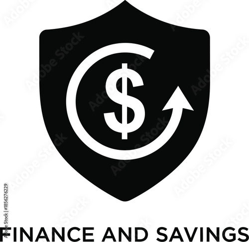 Financial protection icon featuring a dollar sign centered within a circulating arrow design encased inside a solid black shield symbolizing security for monetary assets and savings goals
