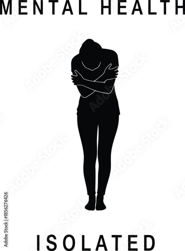 Silhouette figure hugging themselves tightly symbolizing the intense feelings of loneliness and social isolation experienced during mental health struggles against a clean white background