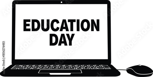 Black and white graphic illustration featuring a modern laptop computer displaying the bold text education day alongside a connected computer mouse for digital learning concepts