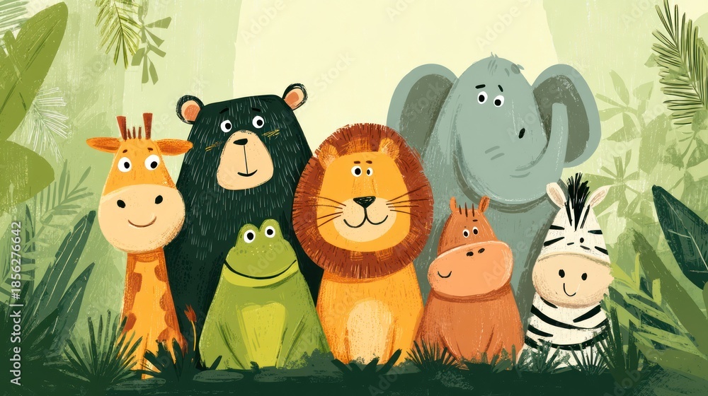 Fototapeta premium Cute Cartoon Animals Gathering in a Lush Jungle Setting.