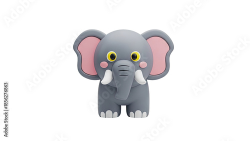 3D Cute cartoon elephant with pink ears and big yellow eyes on transparent background