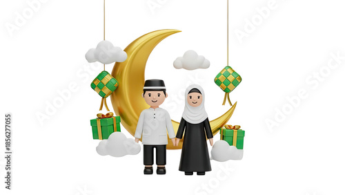 3D Cute Muslim Couple with Crescent Moon and Ketupat for Ramadan on transparent background