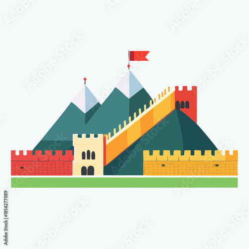Stylized Great Wall of China with Mountains and Towers Illustration.