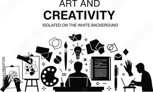 Black and white graphic illustration representing the dynamic concepts of art creation creativity imagination and digital design work isolated against a clean white background for visual impact