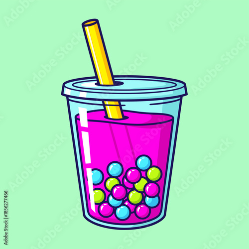 Cartoon Boba Tea Illustration with Colorful Tapioca Pearls.
