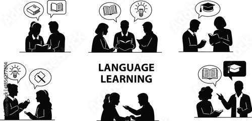 Set of six black and white iconographic vignettes illustrating diverse stages and methods involved in collaborative language learning activities from initial study to graduation goals