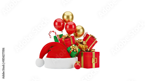 3D Christmas Gifts Pile with Santa Hat and Balloons on transparent background