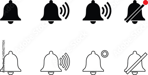 Outline and Silhouette Vector Icon Set of Notification Bells Representing Alerts Messages Reminders and Muted Sound Status Symbols