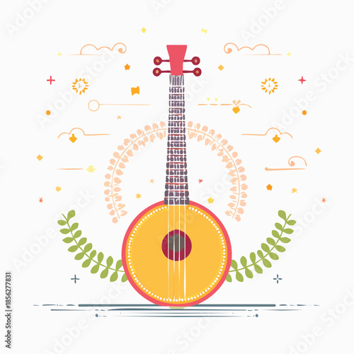 Stylized Illustration of a RoundBodied Stringed Instrument with Floral Accents.