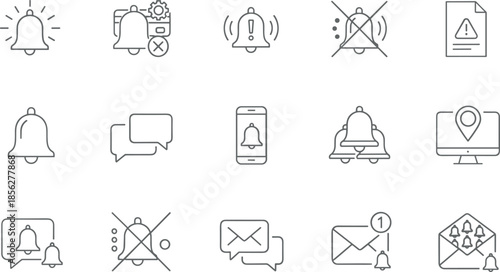 Outline Vector Icon Set of Notification Bells Chat Bubbles and Envelopes Representing Digital Communication Alerts and Message Systems
