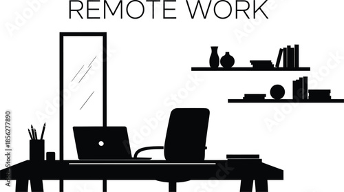 Black and white silhouette illustration represents a minimalist home office setup perfectly illustrating the concept of remote work productivity with essential tools visible