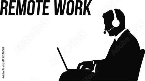 Silhouette of a professional wearing a headset while working remotely on a laptop, clearly illustrating the modern concept of flexible work arrangements and telecommuting