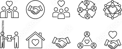 Outline Vector Icon Set of Handshakes and People Representing Professional Partnerships Business Collaboration Social Networking and Community Support