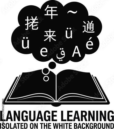 Open book illustration representing multilingual education and the diverse characters emanating from the pages symbolizing global communication and language acquisition concepts