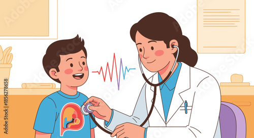 A caring female pediatrician attentively performs a routine health checkup on a happy young boy, using a stethoscope to monitor his well-being and growth.