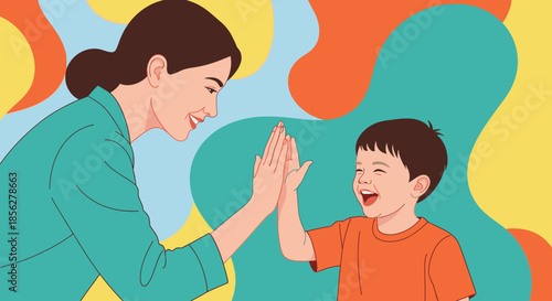 A happy mother and son share a joyful high five, celebrating a moment of connection and success against a vibrant, abstract background.