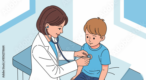 A caring female pediatrician attentively uses a stethoscope to check a young boy's heart and lungs during a routine medical examination at a modern clinic.