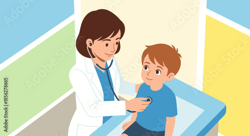 A compassionate female doctor in a white coat attentively listens to a young boy's heart with a stethoscope during his routine pediatric check-up.