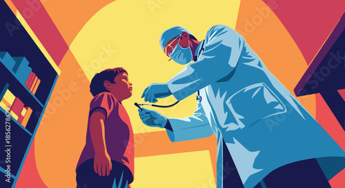 A compassionate doctor in medical attire carefully examines a young child with a stethoscope during a routine health check-up, emphasizing pediatric care.
