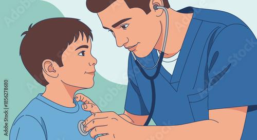 A caring male doctor in blue scrubs attentively listens to a young boy's chest with a stethoscope during a routine medical examination.
