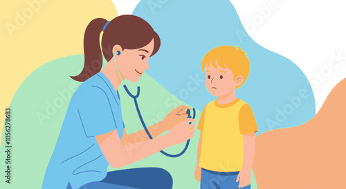 A kind female doctor in blue scrubs attentively examines a young boy with a stethoscope during a routine check-up, highlighting essential pediatric care.