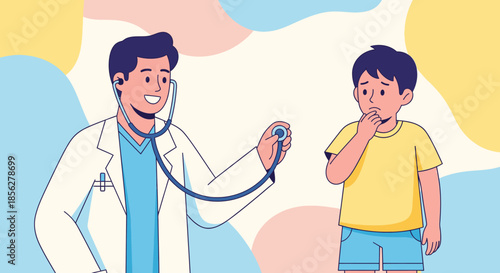 A compassionate male doctor uses a stethoscope to perform a health check-up on a young boy, illustrating pediatric care and medical consultation.