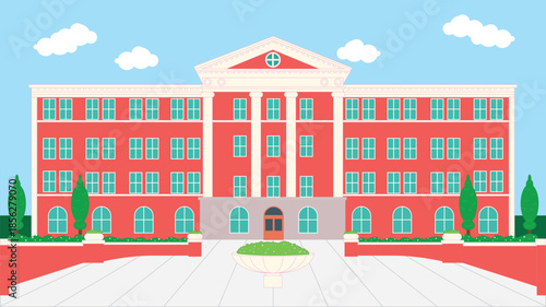 Classic school or university building flat vector illustration featuring red brick walls, white columns, and symmetric windows. Ideal for education, academic, and campus design projects