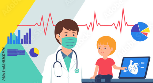 A masked doctor consults with a young child, surrounded by vital health data visualizations and advanced medical technology, emphasizing modern pediatric care.