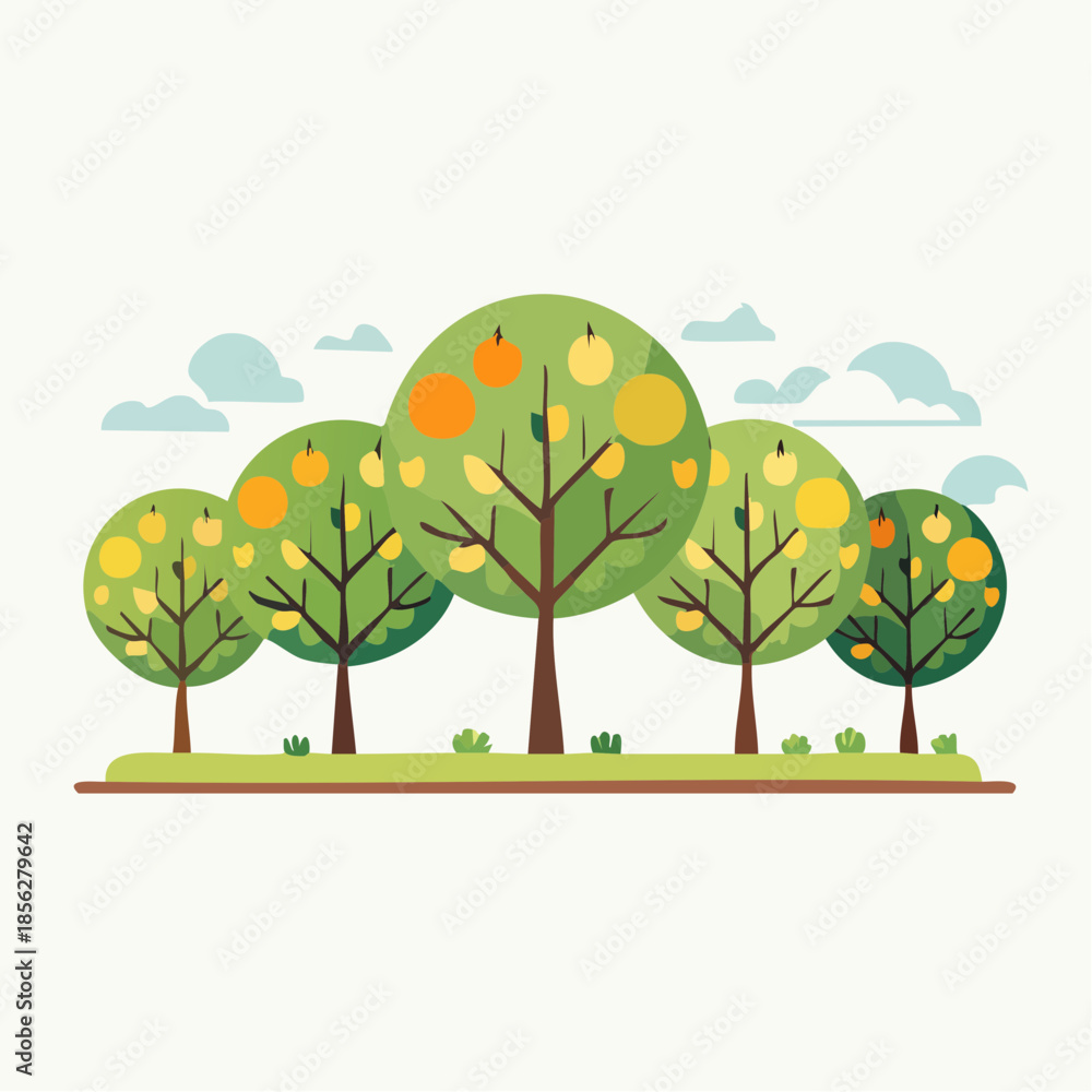 Fototapeta premium Stylized Orchard with Colorful Fruit and Clouds in the Sky.