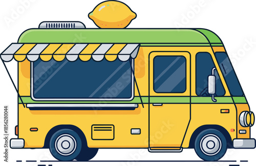 Detailed cartoon vector illustration of a retro-style yellow and green food truck, serving lemonade and beverages, complete with a striped awning and decorative lemon on the roof.