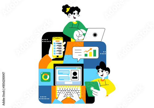 Remote Team Collaboration Tools Vector Illustration For Digital Workspace Communication, Online Project Management, and Virtual Teamwork Background