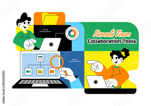 Remote Team Collaboration Tools Vector Illustration For Digital Workspace Communication, Online Project Management, and Virtual Teamwork Background