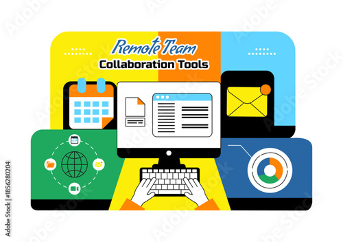 Remote Team Collaboration Tools Vector Illustration For Digital Workspace Communication, Online Project Management, and Virtual Teamwork Background